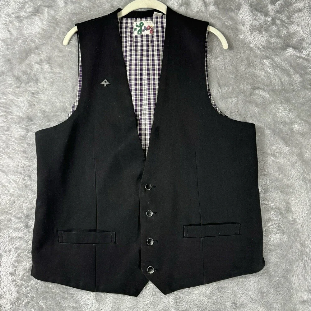 LRG Lifted Research Group Mens Black Suit Vest Waistcoat Plaid Lined Formal XL